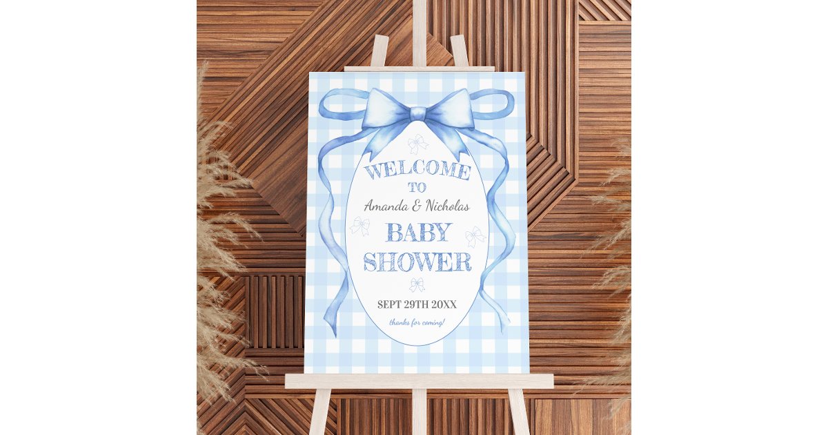 Bow Blue Watercolor Baby Boy Shower Welcome Sign | Zazzle