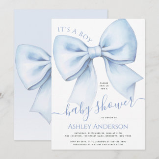 Bow Blue & White Watercolor It's a Boy Baby Shower Invitation