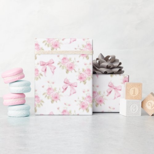 Bow Blush Pink Floral Baby Shower Wrapping Paper