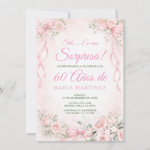 Bow Blush Pink Floral Sorpresa 60 Años Birthday Invitation