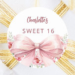 Bow blush pink florals Sweet 16 Classic Round Sticker<br><div class="desc">A white colored background. Decorated with a large pink bow and pink flowers.  Personalize and add a name. Black handwritten style script.</div>