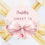 Bow blush pink flowers roses Sweet 16 Classic Round Sticker<br><div class="desc">A blush pink colored background. Decorated with a large pink bow and pink flowers.  Personalize and add a name. Black handwritten style script.</div>