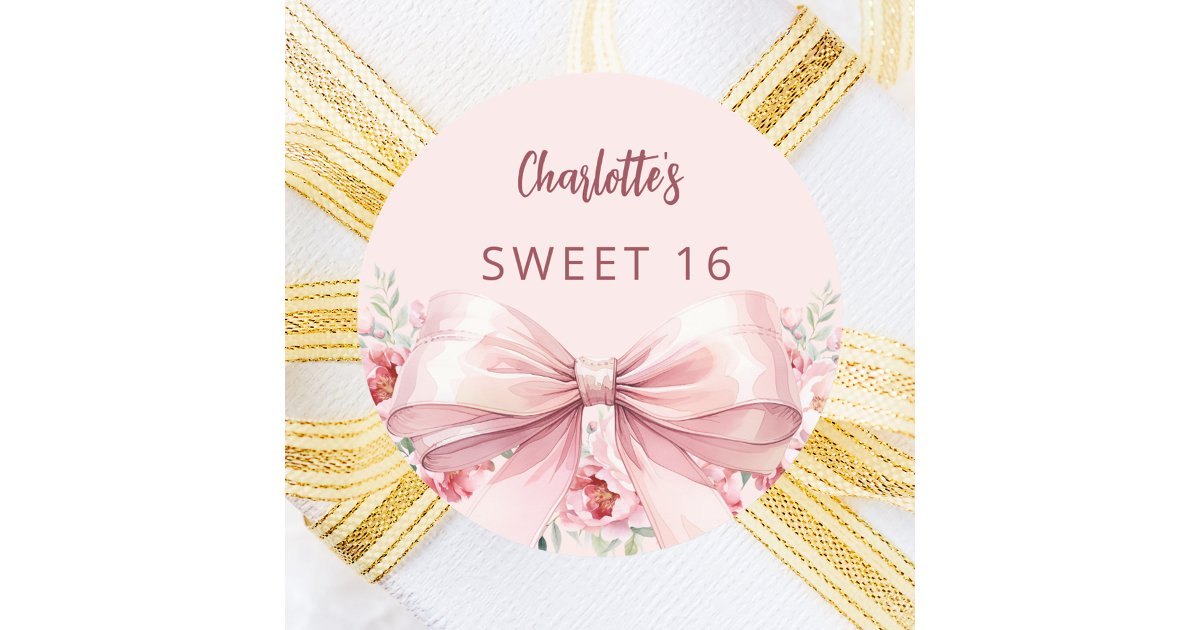 Sweet 16 Pink Roses Bow blush pink flowers roses Sweet 16 Classic Round Sticker | Zazzle