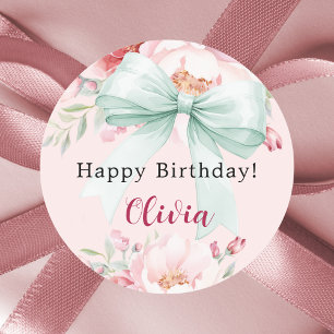 Bow blush pink sage green florals birthday classic round sticker