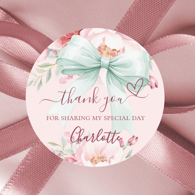 Bow blush pink sage green florals heart thank you classic round sticker (Creator Uploaded)