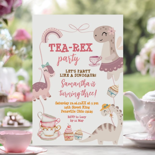 Bow Border Dinosaur Tea-Rex 3rd Girl Birthday  Invitation (Creator Uploaded)