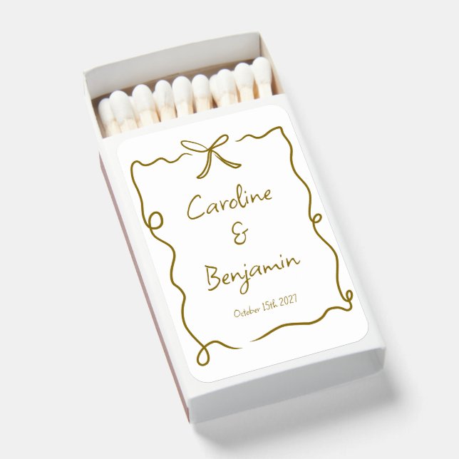 Bow Border Gold Handwritten Wedding Custom Favors Matchboxes (Front Open)