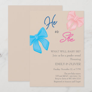 bow boy or girl gender reveal party invitation