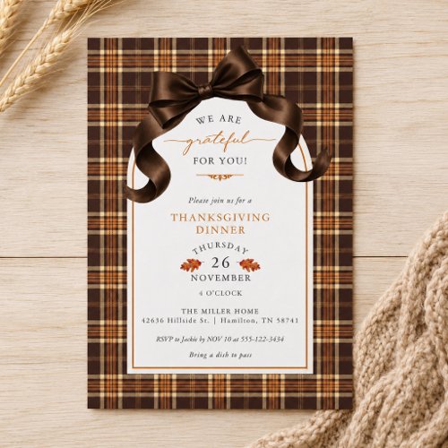 Bow Brown and Orange Plaid Thanksgiving Dinner Invitation