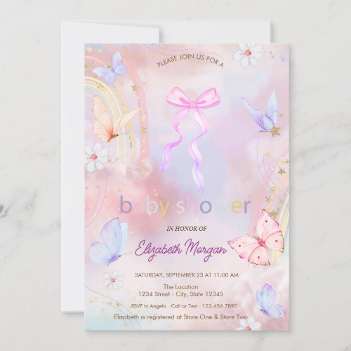 Bow Butterflies Floral Rainbow Baby Shower Invitation