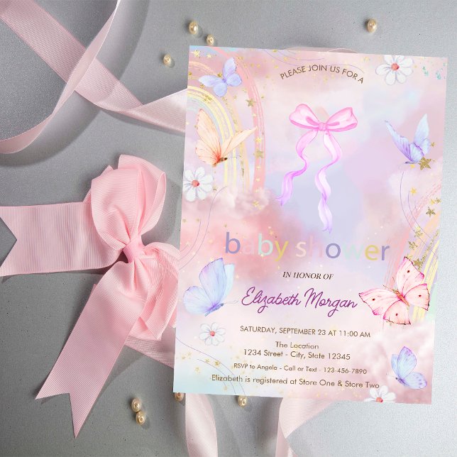 Bow Butterflies Floral Rainbow Baby Shower Invitation (Creator Uploaded)