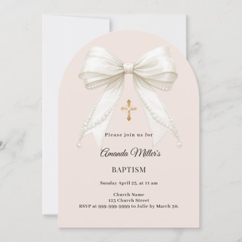 Bow champagne ivory pearls arch Baptism Invitation
