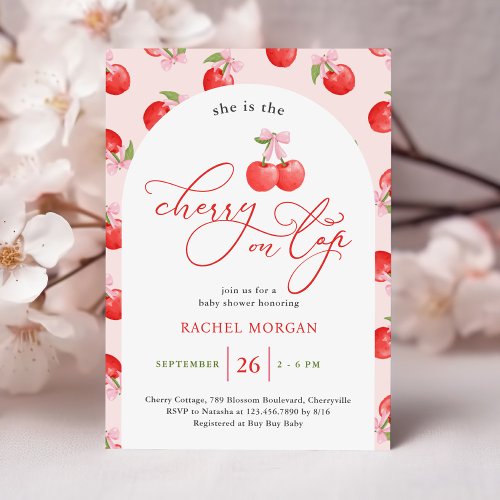 Bow Cherry on Top Baby Girl Shower Invitation