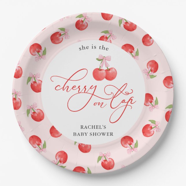 Bow Cherry on Top Baby Girl Shower Paper Plates (Front)
