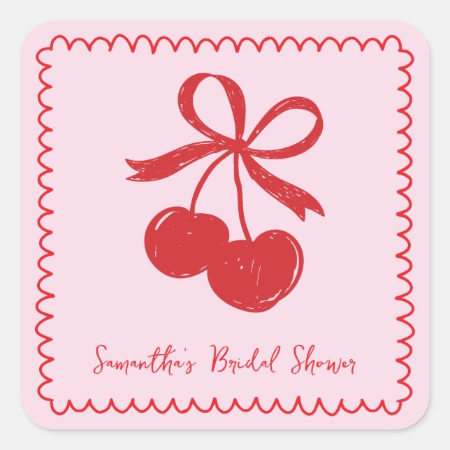 Bow Cherry Pink & Red Hand Drawn Bridal Shower Square Sticker (Front)