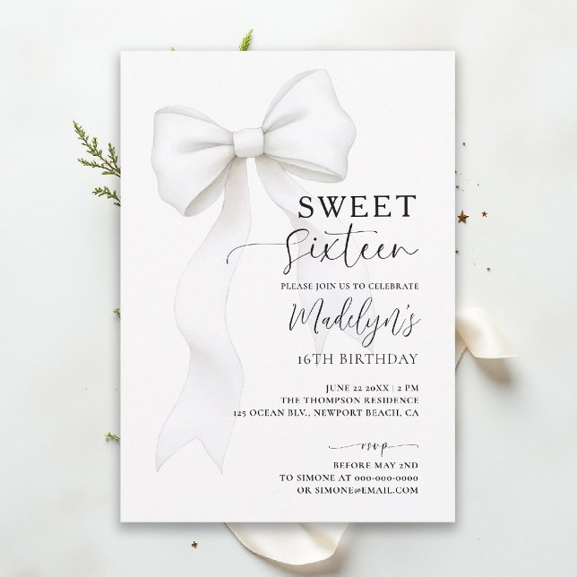 Bow Chic Black White Elegant Calligraphy Sweet 16 Invitation (sweet sixteen birthday party invitation bow chic fashion simple classy black and white script)