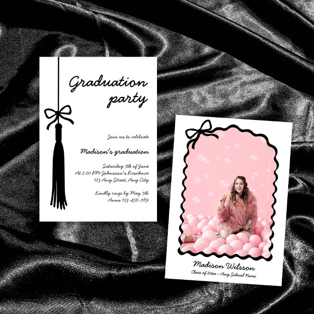 Bow Chic Black & White Grad Photo 2025 Graduation Invitation (Bow Chic Black & White Grad Photo 2025 Graduation Invitation)