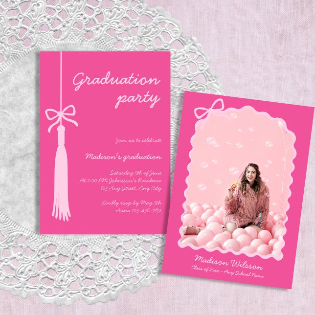 Bow Chic Pink Grad Photo 2026 Graduation Invitation (Bow Chic Pink Grad Photo 2025 Graduation Invitation)
