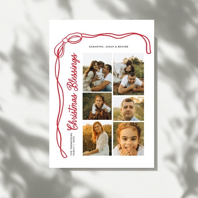 Bow Christmas Blessings Script Family 6 Photos Holiday Card (Creator Uploaded)
