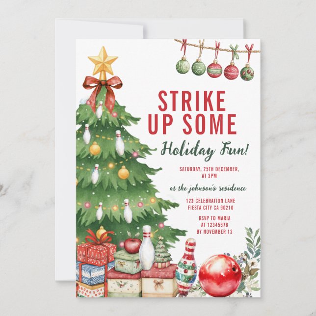 Bow Christmas Holiday Bowling Party Strike Up Some Invitation (Front)