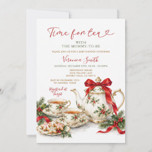 Bow Christmas Time for Tea Baby Shower with mommy Invitation