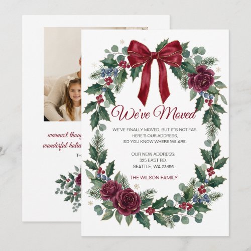Bow Christmas Wreath Weve Moved Holiday Card