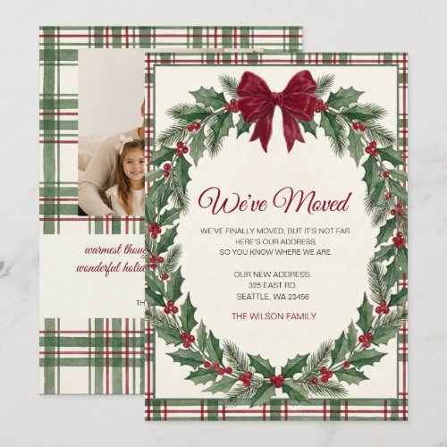 Bow Christmas Wreath Weve Moved Holiday Card