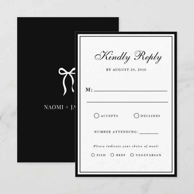 Bow Classic Old Money Black & White Wedding RSVP Card (Front/Back)