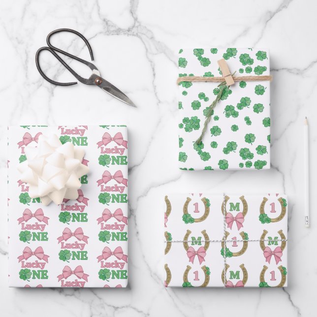 Bow Clover Lucky One Girl 1st Birthday Monogram Wrapping Paper Sheets (Front)