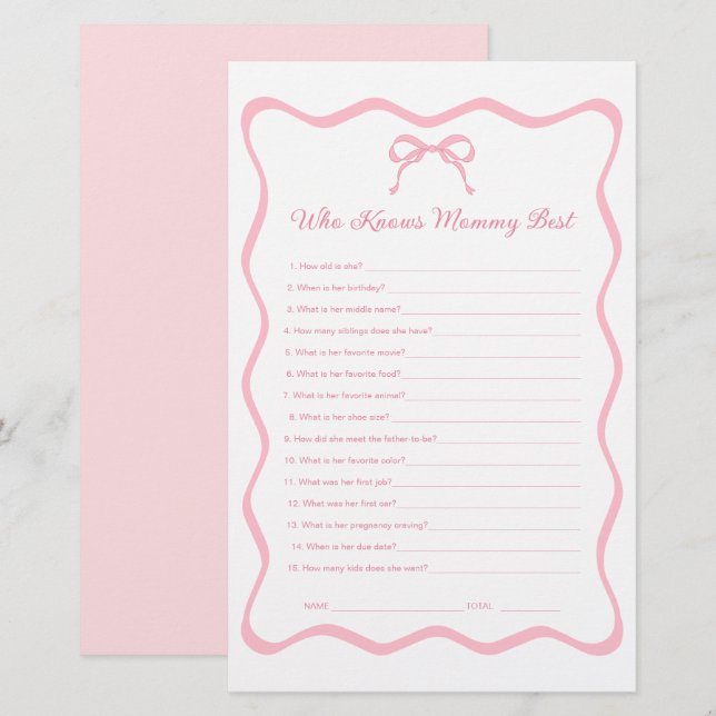 Bow Coquette Baby Shower Who Knows Mommy Best Game (Front/Back)