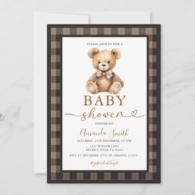 Bow Coquette Bear Boy Baby Shower Plaid Brown Invitation (Front)