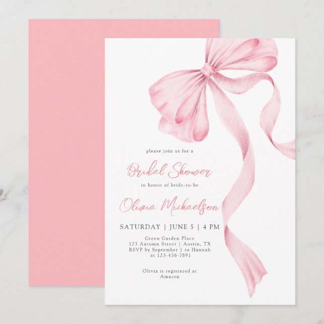 Bow Coquette Blush Blush Ribbon Bridal Shower Invitation (Front/Back)