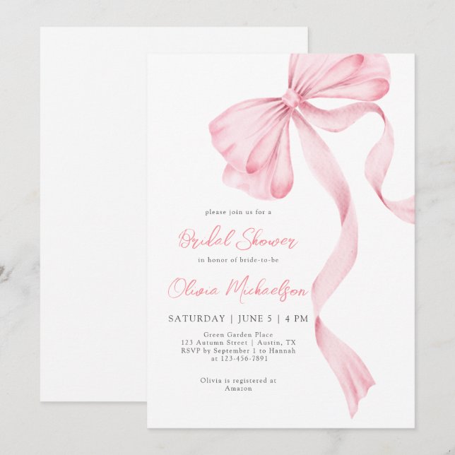 Bow Coquette Blush Pink Ribbon Bridal Shower Invitation (Front/Back)
