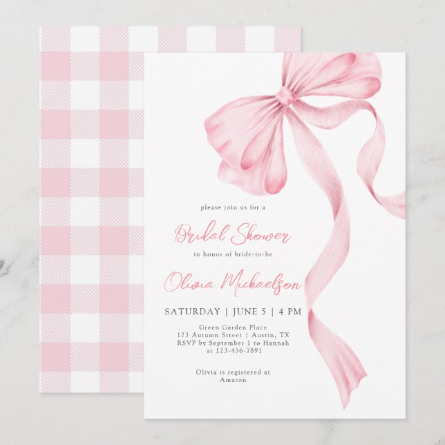 Bow Coquette Blush Plaid Pink Ribbon Bridal Shower Invitation (Front/Back)