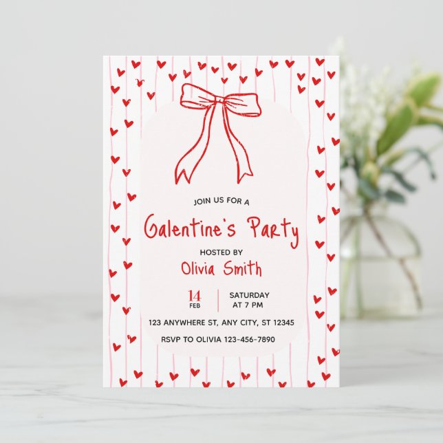 bow coquette galentines party invite , red hearts  (Standing Front)