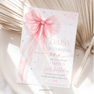 Bow Coquette Pink 1st Birthday Invitation