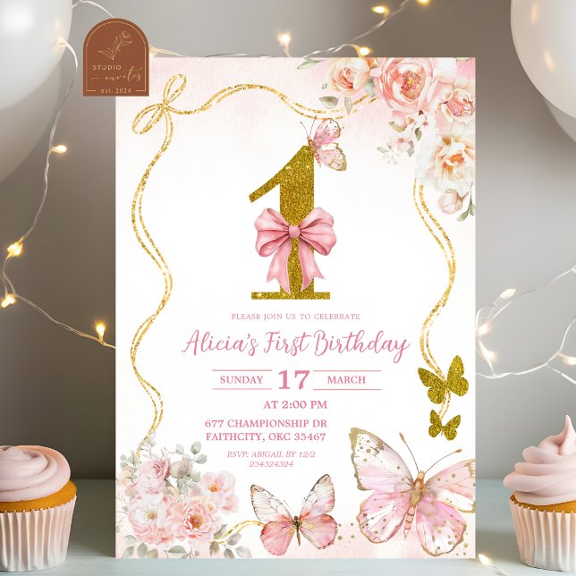 Bow Coquette Pink Butterfly First Birthday Invitation (Creator Uploaded)
