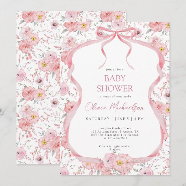 Bow Coquette Pink Floral Ribbon Girl Baby Shower Invitation (Front/Back)