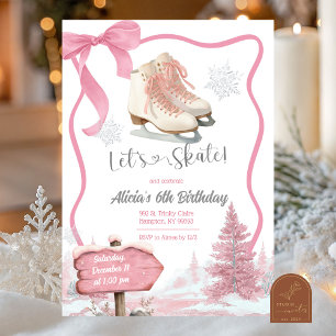 Bow Coquette Pink Girl Let's Skate Birthday Invitation