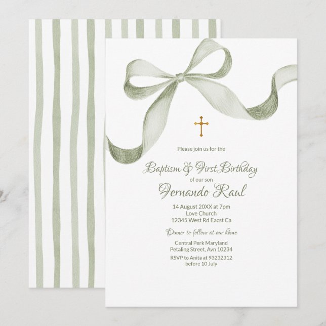 Bow Coquette Sage Green Baptism Elegant  Invitation (Front/Back)