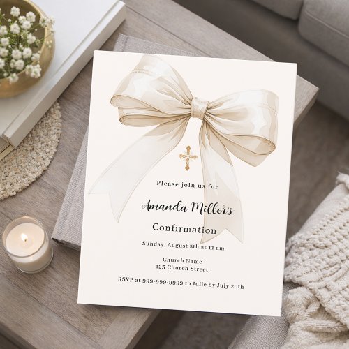 Bow cream beige girl Confirmation invitation
