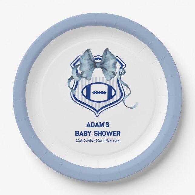 Bow Crest Rookie Football Sport Boy Baby Shower Paper Plates (Front)