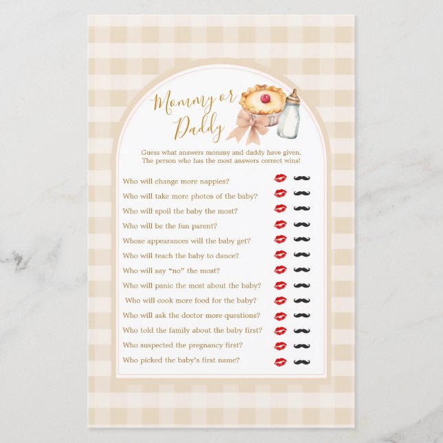 Bow Cutie Pie Pastel Gingham Mommy or Daddy Game (Front)