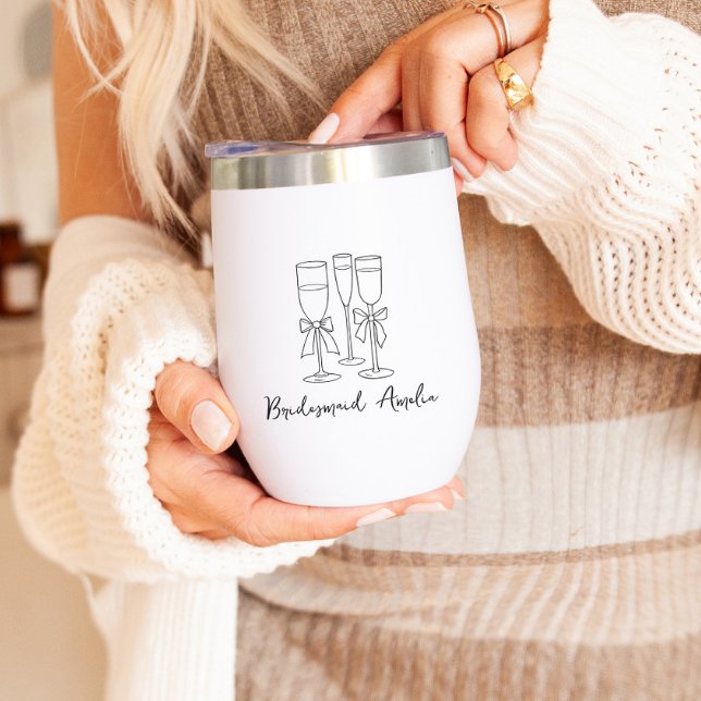 Bow Drinks Modern Script Personalized Bridesmaid Thermal Wine Tumbler (Creator Uploaded)