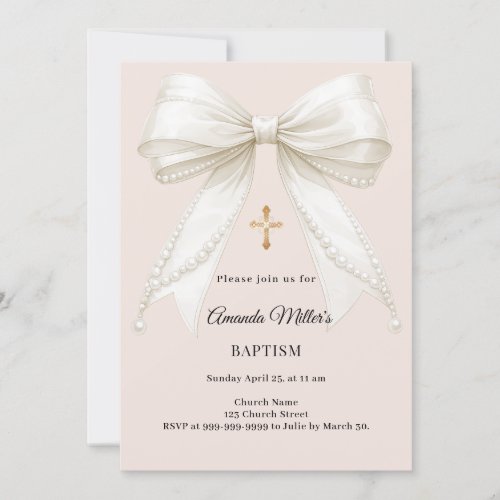 Bow dusty blush pink champagne pearls Baptism Invitation