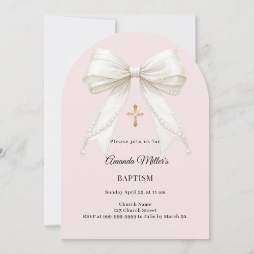 Bow dusty blush pink ivory pearls arch Baptism Invitation