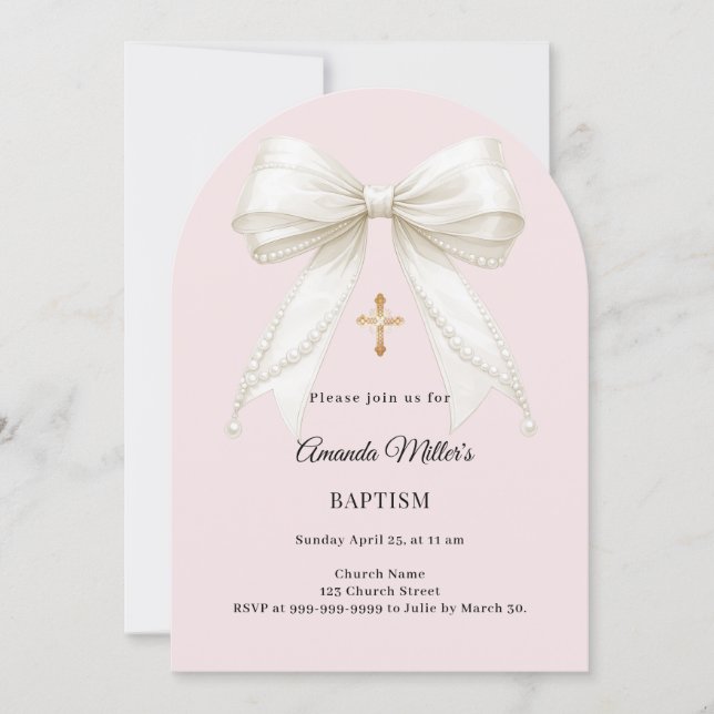 Bow dusty blush pink ivory pearls arch Baptism Invitation (Front)
