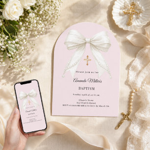 Bow dusty blush pink ivory pearls arch Baptism Invitation