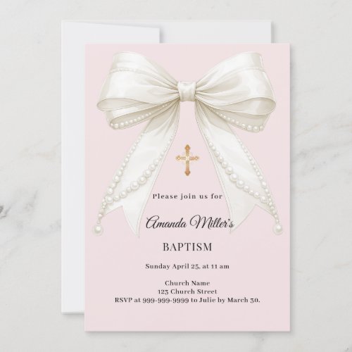 Bow dusty blush pink ivory pearls Baptism Invitation