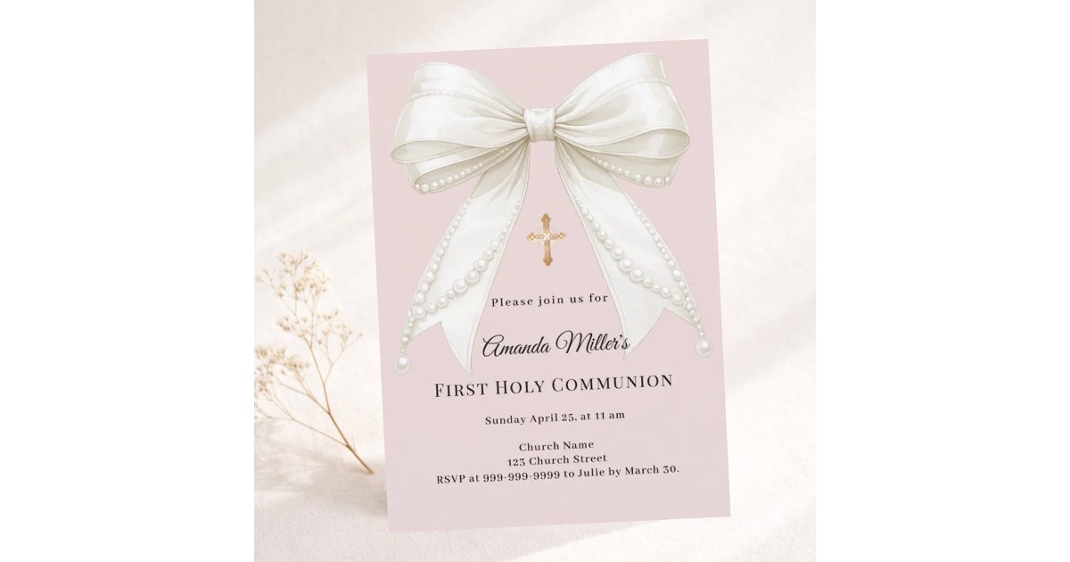 Bow dusty blush pink ivory pearls First Communion Invitation | Zazzle